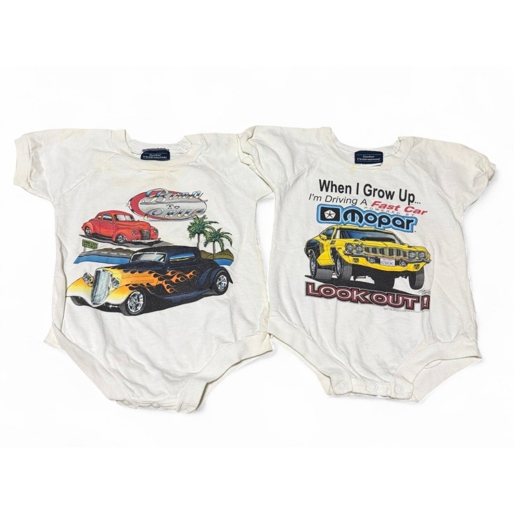 Vintage Gerber Baby Onesies 12M Hot Rod Cars Mopar Graphic Lot‎ 2 USA